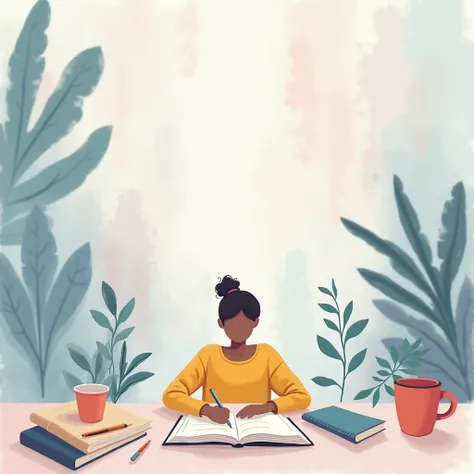 Create an image of a cozy, inviting workspace with a soft-focus effect. In the center, a person is casually sitting at a desk, surrounded by subtle symbols of habit formation (like notebooks, a coffee mug, and a habit tracker). The background should featur...