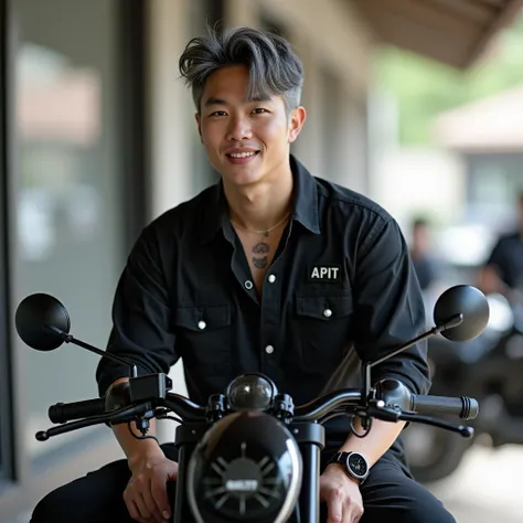  Korean handsome man  , jelly roll hairstyle in grey , wearing a black shirt ,as cargo ,there is a watch  , there is a tattoo of a cat with a neck , near the shirt there is the name APIT sitting on a superbike