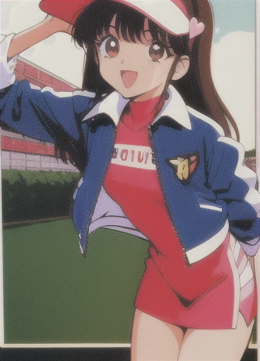 Asusdol,  1 girl, Alone,  visor cap, heart,  hair ornament,  short jacket,  dress, open mouth, 1990s ( style for stilets), looking at viewer, smile,  outdoor, null,  Cowboy Shot ,  clevis cut out,  race queen 