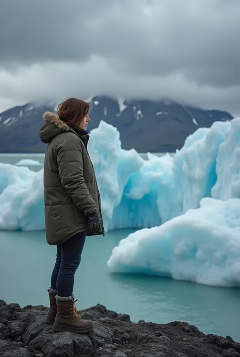 A beautiful 27-year-old woman with a short brunette disheveled A-Line bob stands at the edge of a once-majestic glacier, now reduced to a small patch of ice, crumbling away in the summer heat. She wears a thick, weathered parka, snow boots, and gloves, her...