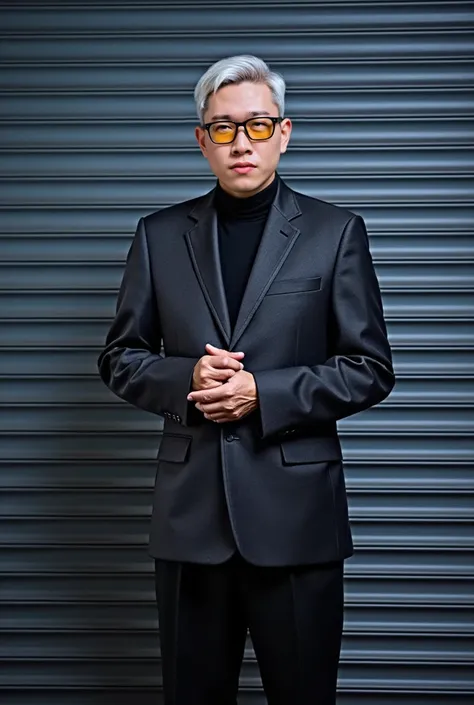 Asian man standing and posing for a photo. His hair is white and is cut in a side part style. He wears glasses with black frames and light yellow lenses. He wears black pants.