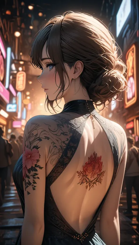 official art, unified 8k wallpaper, Super detailed, Beautiful and beautiful, masterpiece, best quality,Backless evening dress，Beauty close-up，Turn your back to me，Look back at me，Flower tattoo on back，Hojoji manga art style，Neon special effects，movie light...