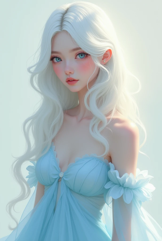  a girl with long white wavy hair，Ice blue pupils，A girl with delicate facial features, not spandered ，Not worldly，Wearing an ice blue dress，A style of painting with Conan ，2D