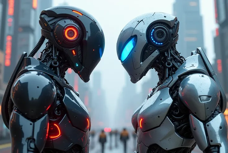 A highly detailed and realistic image of two futuristic robots from the year 3000, facing each other in an intense standoff. The robots feature advanced mechanical designs with intricate details, glowing energy cores, and sleek, metallic exteriors. One rob...