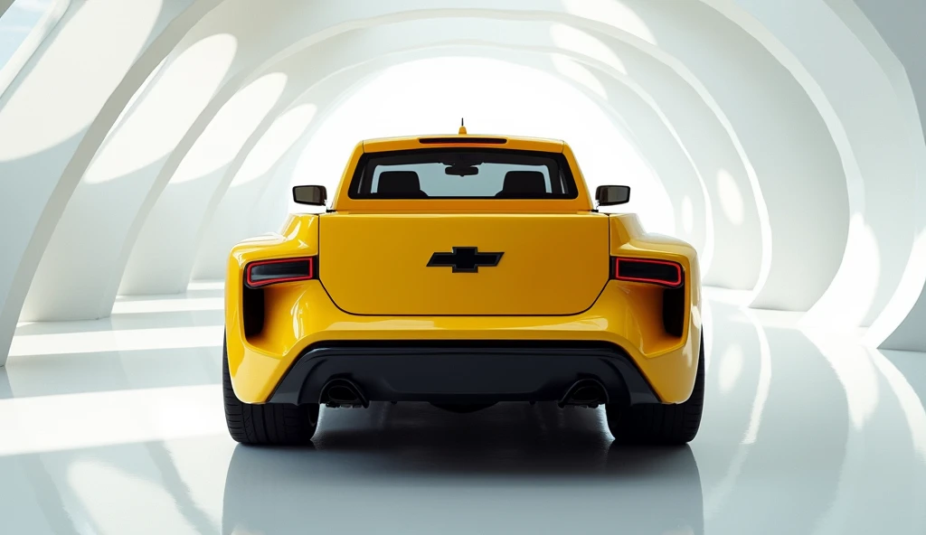 A captivating image of a ( 2025 Chevrolet Bel Air Pickup truck) taking center stage in a luxurious white showroom. The futuristic, vibrant (yellow)exterior gleams, showcasing its sleek, aerodynamic design and bold accents. The back view highlights the cutt...