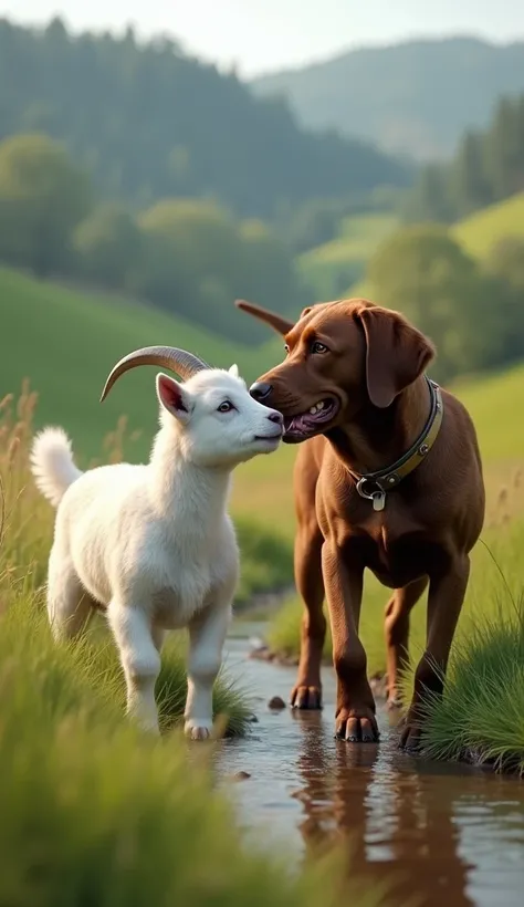 hyper realistic photo image of white little goat and chocolate Labrador walk to a beautiful place and funny play
