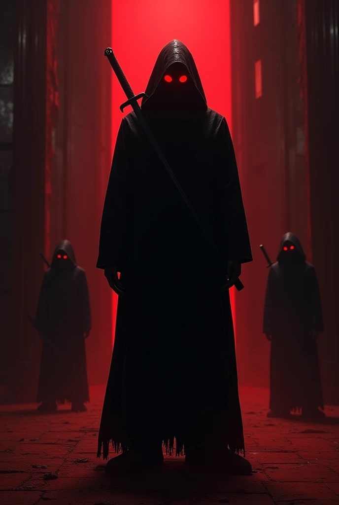 A shadow menacing looking manlike figure completely a shadow in a fully black room but standing in a strange light red eyes and mask on his face black katana blade on his back and behind him to the side a little a couple more of them ultra-realistic scary ...