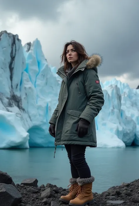 A beautiful 27-year-old woman with a short brunette disheveled A-Line bob stands at the edge of a once-majestic glacier, now reduced to a small patch of ice, crumbling away in the summer heat. She wears a thick, weathered parka, snow boots, and gloves, her...