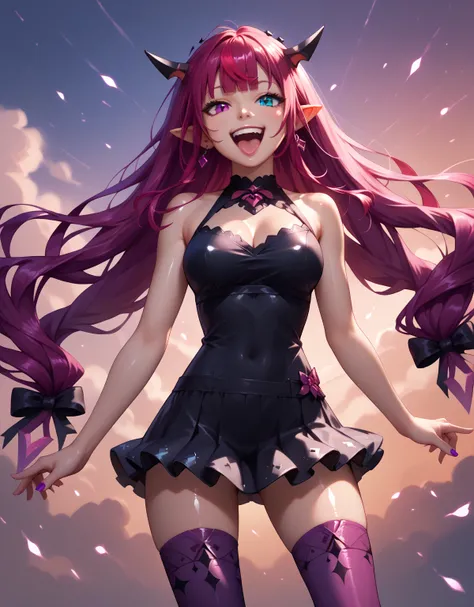 IrysUnderwear, heterochromia, purple eye, blue eye, long hair, black dress, sleeveless dress, short dress, purple thighhighs, gradient legwear, good anatomy, shiny skin, two arms, two legs, laugh, dynamic pose, (looking at viewer), Shiny, skin,