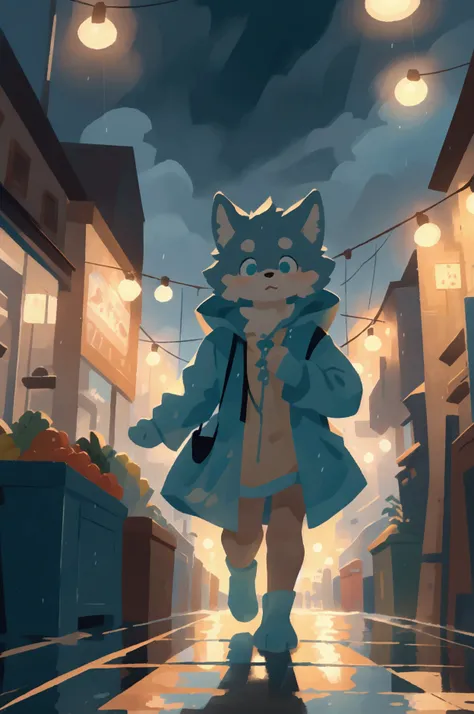 53, young anthropomorphic wolf, male, with brown fur, lighter muzzle and neck fur, teal to cyan gradient eyes, wearing a cyan or teal raincoat, holding groceries, walking across a wet road with city lights and small shops in the background, soft, cozy art ...