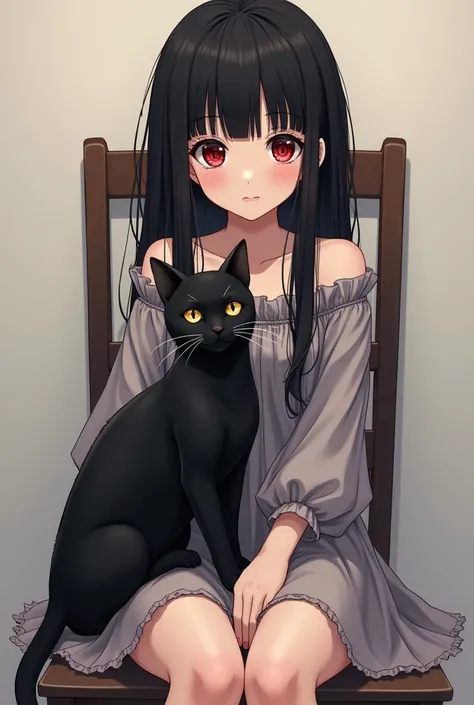 Une fille animé avec des cheveux noir et des yeux rouge assis sur une chaise avec un chat noir sur elle 