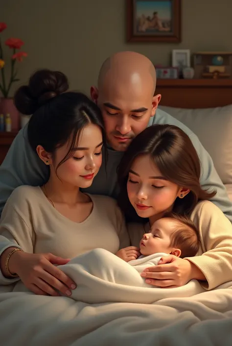 Women , bald man , And the baby sleeping in bed 