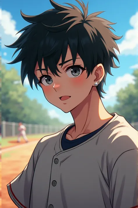 Young man from anime 
20-25 years
Short black hair
Ear piercings
Dark gray eyes
Baseball 
Moderate muscular 
Mirada would be 
White skin 
Rough but friendly appearance 