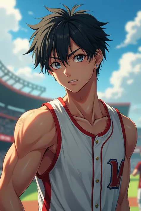 Young man from anime 
20-25 years
Short black hair
Ear piercings
Dark gray eyes
Baseball 
Moderate muscular 
Mirada would be 
White skin 
Rough but friendly appearance 