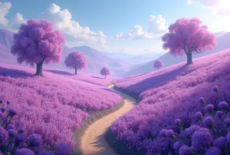 A road spun in the middle of a field of flowers
fantastic landscape
There are a lot of purple flowers