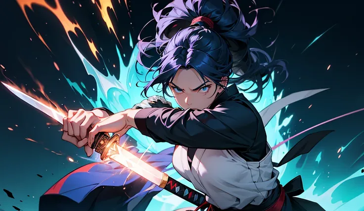 A warrior woman in a low, poised stance, ready for an Iaido-style strike. She holds a katana with both hands, its blade emitting vivid blue flames. Her intense expression and dynamic posture convey a sense of focus and power. The background is dark and atm...