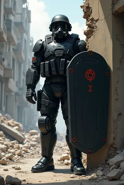 Painted style, Man, Black uniform, standing, Visor, Black Military helmet, Heavy body armor, Shoulder pads, wearing a respirator, With a large ballistic shield, Red details, Standing from top to bottom, behind a destroyed wall, A destroyed city