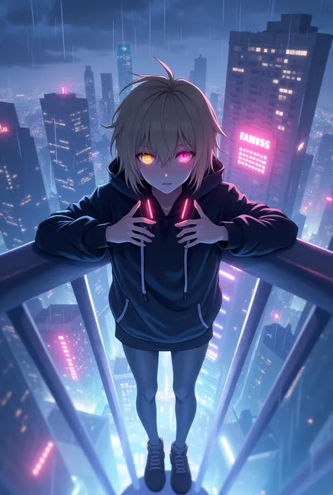 - [ ] Golden Eyes, Red eyes, accurate, Best Quality, High resolution, Ultra high definition, Very detailed, Blonde, Messy Hair、chest, night、rain、City、Beautiful sky、headphone、Black hoodie、Rim Light、Game characters、solo、1 person、On top of a building、Empty-ha...