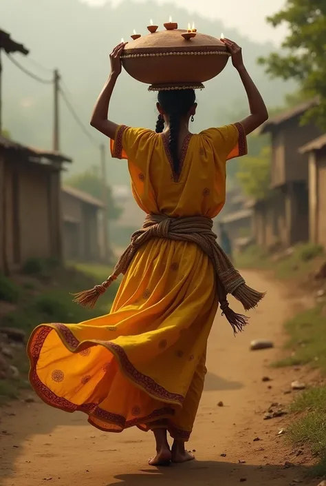 Woman from Nepal terai Madhesh province playing JHIJHIYA (carrying oil lamps in mud pot which has many holes) on their head and dancing wearing yellow kurta. 