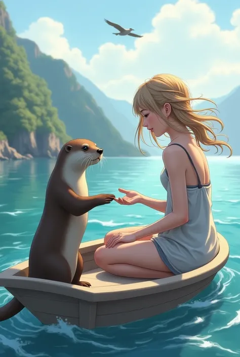  a beautiful girl with an attentive expression, sitting on a boat. She is wearing a casual but elegant outfit, perhaps a light dress or top, with her hair flowing gently in the wind. The sea otter, standing on its hind legs, reaches out to her hand in a fr...