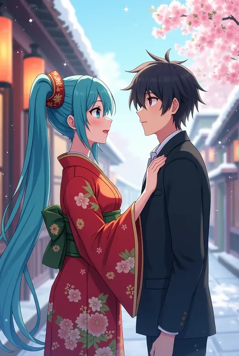  hatsune miku , new year costume ,  around winter atmosphere ,  looks at the guy with adoration ,   the guy stands sideways - he has black hair with his back to the viewer, 