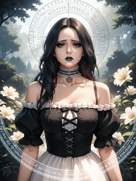 (masterpiece:1.2), ( best quality:1.2), Perfect eyes,  perfect face without magic circle,  perfect lighting , 1 woman,  mature female goth girl standing with her hands in front of her,  long hair,  intricate hairstyle , makeup, black lips , Dark eyelashes,...