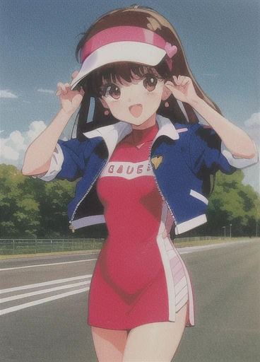 Asusdol,  1 girl, Alone,  visor cap, heart,  hair ornament,  jacket,  dress, open mouth, 1990s ( style for stilets), looking at viewer, smile,  outdoor, null,  Cowboy Shot ,  clevis cut out,  race queen 