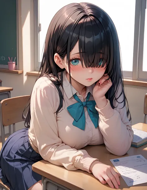 Teen girl, black hair, hair over eyes, long bangs, blushing, high school girl, shy, sitting on desk, big breasts, (((Shizumori Sayo)))