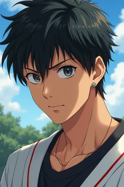 Young man from anime 
20-25 years
Short black hair
Ear piercings
Dark gray eyes
Baseball 
Moderate muscular 
Mirada would be 
White skin 
Rough but friendly appearance 
Mature traits 
Sharp eyes
Big penis