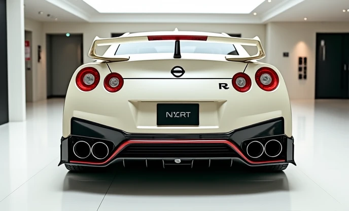 Back view of painted gleamy cream white with shiny clour modern(Nissan gT-R)
sleek in large shape sedan in large size with (Nissan)logo on its large detailed grille in shiny white refelection falling on car clour with angular sporty design captured from ba...