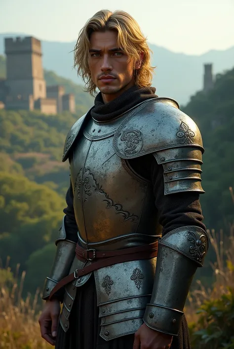 22 year Indian young man, medium blond hair and intense green eyes. Wearing medieval steel armor 