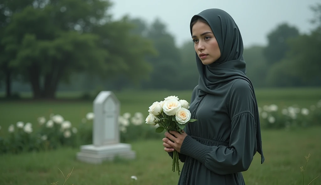 a young girl named Tari ,  a 21-year-old woman in a hijab .  Is on a pilgrimage to the whirlwind grave of her beloved husband ,  lays white roses over her husbands grave, the one behind the yard . sad expression , Morning.
(Indonesian faces ), 4k, 8K, HD, ...