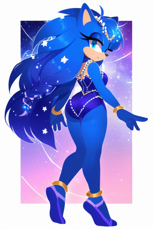 Sonic oc, Mobian, female, Cosmic hedgehog, A beautiful light blue hedgehog, purplish blue eyes, very long hair/quills, braided and beaded long hair bangs, long streaks of hair on each side of her face, (star constellation on hair, beads on hair, smooth fur...