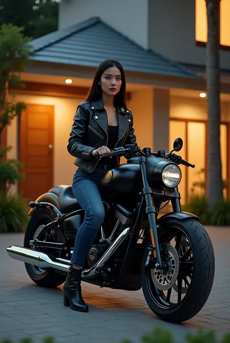 Vietnamese woman wearing a black leather bomber jacket, riding a Custom Chopper, halogen,  brightness. in front house. Motorbike full body. From Side, 