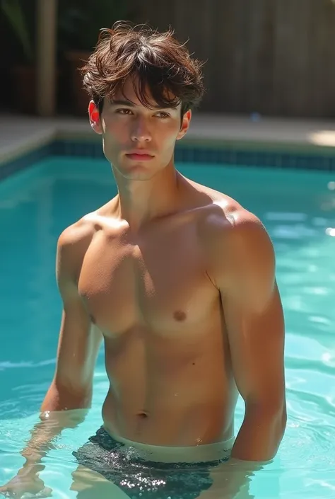 Inside a pool, wet hair, IA, 25 years old, very handsome boy, brown hair color and brown eyes, neither brown nor white, thick lips shirtless, a boxer outfit, Calvin Klein poses attractively shaking his head.