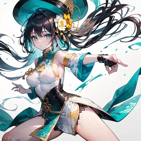 1 girl, ultra-detailed, HDR, vivid colors, (clear and beautiful eyes:1.44), black hair, grey eyes, (chinese style), teal and white clothes, martial arts style, dynamic pose, intricate details, anatomically correct, masterpiece, best quality, 4k, 8k, highre...