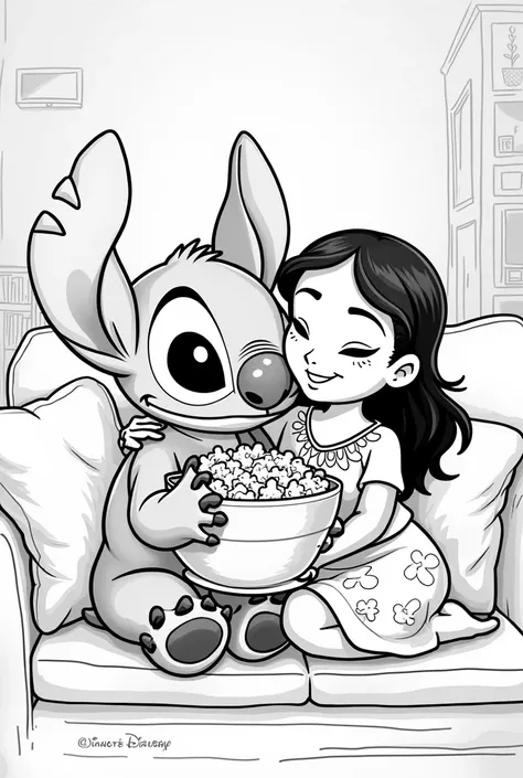 Generate Stitch and lilo coloring page hugging eating popcorn on the sofa