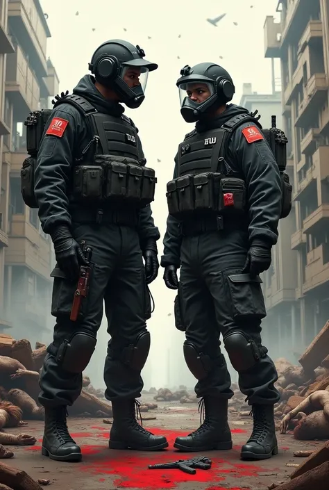 A painted style, A man, a Black uniform, In a chemical protection suit, a black bulletproof vest, a pistol on his belt, a backpack with medicines in his hands, Red details, Standing next to the same soldier, peoples bodies lie behind, a destroyed city