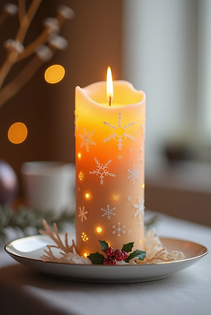 a beautiful Christmas candle neatly decorated on the plate