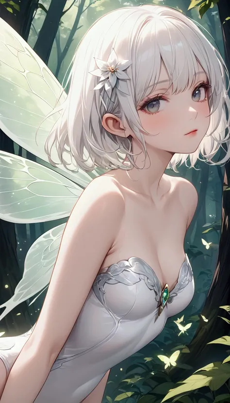 In the forest, a beautiful fairy girl wearing minimal light white strapless leotard. Her insect-like wings are sparkling. She is very short white hair, with white head ribbon and very beauty yet brave. While flying in the air, she is observing us. close up...