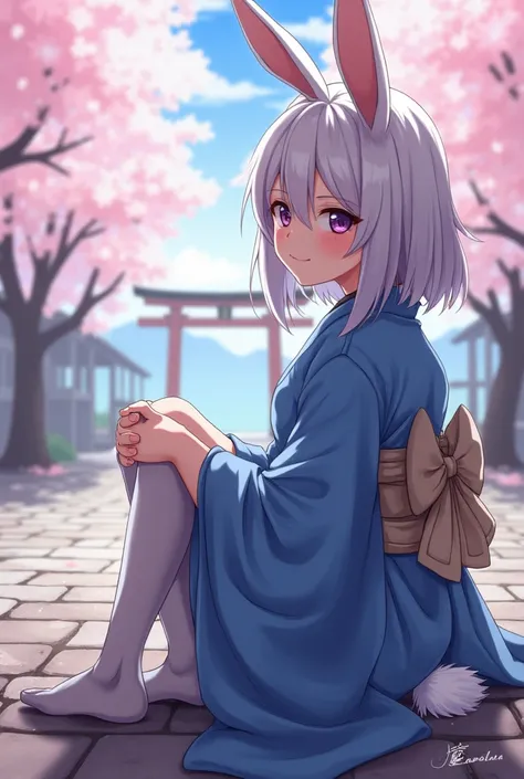 (masterpiece,  top quality,   Details),  1 girl, Alone,  watching the audience, cherry blossoms (Sakura), Rabbit girl ，Rabbit ears, Rabbit&#39;S-tail, Blue Kimono,  SLEEVES,  stockings,  bear shoulder sighted ,  outdoor,   knight , torii, shrine,  East Asi...