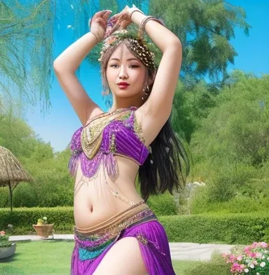 A girl  i belly dancing in a garden full of flowers ,  under the sun ,  wearing flowers , sheer ,   in a short dress is on ,( asian)
The swinging ， (hd, Hq,textured skin tone)
（belly dance）, Creating  a perfect,  tempting view, 