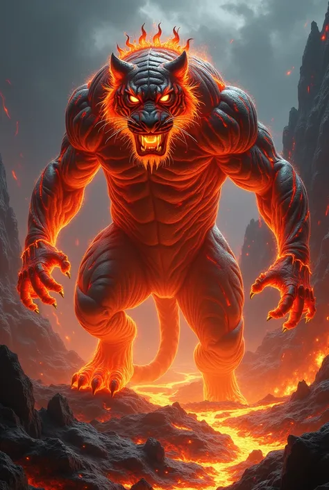 "A monstrous hybrid entity combining features of a tiger and lava, seamlessly fused into a single terrifying being. The creature has the muscular build and stripes of a tiger, but its body appears molten, with glowing lava cracks running across its surface...