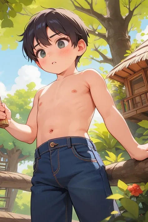 shirtless boy wearing high-waisted mom jeans in the secret treehouse