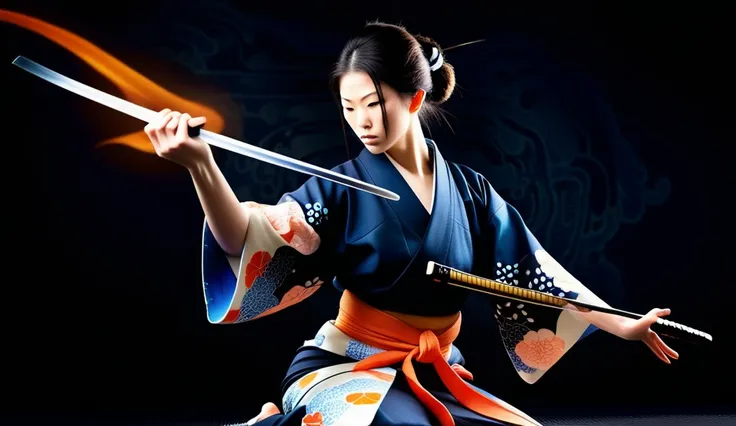 A warrior woman in a low, poised stance, ready for an Iaido-style strike, dressed in an elegant traditional Japanese kimono with intricate patterns. She holds a katana with both hands, its blade emitting vivid blue flames. Her intense expression and dynami...