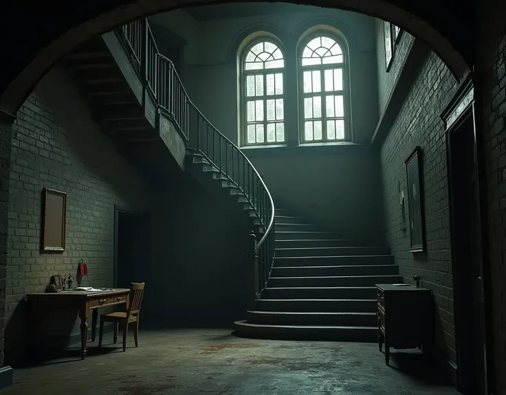 Depressing boarding school interior, vintage, brick walls, arched windows, stairwell