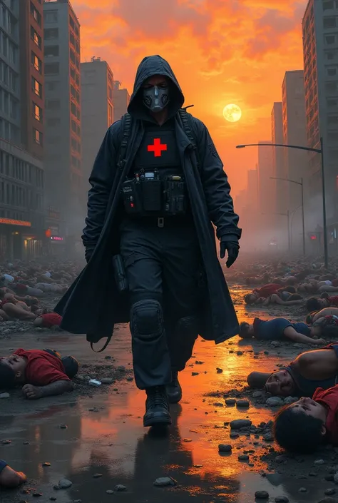 Painted style, Man, Black uniform, In a chemical protection suit, In a black protective raincoat, with a plus sign on his chest, Black bulletproof vest, With a pistol on his belt, a backpack with medicines in his hands, Red details, sunset, peoples bodies ...