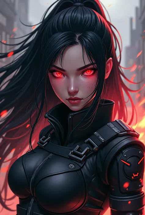 Woman with red eyes black hair badasse military anime