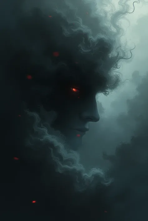 Dark black clouds, framed with liquid smudges or smoke.

Liquid-style droplets, with reflections of deep, rich colors.

On one side, a mysterious eye or a shadowy figure can be placed, slightly blurred.