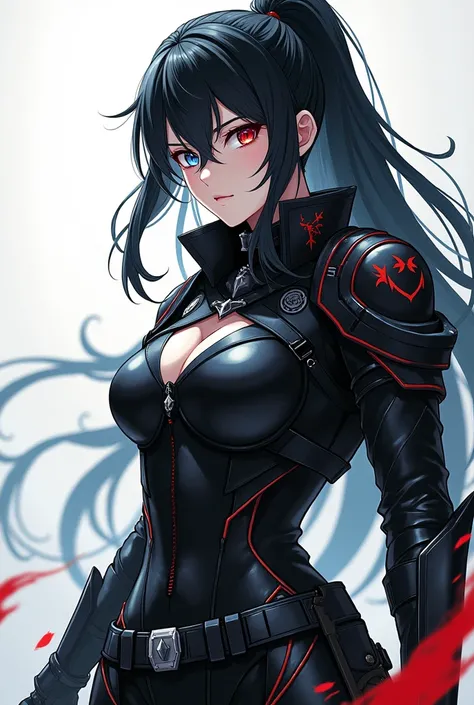 Woman with red and blue eyes nairon black and white hair badasse military anime